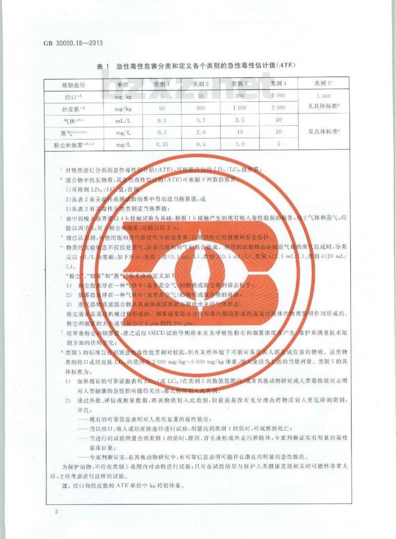GB 30000.18-2013 化学品分类和标签规范 第18部分:急性毒性