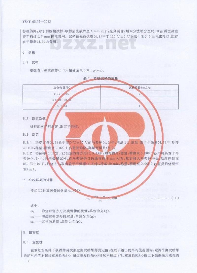 YS/T 63.19-2012 铝用炭素材料检测方法 第19部分:灰分含量的测定