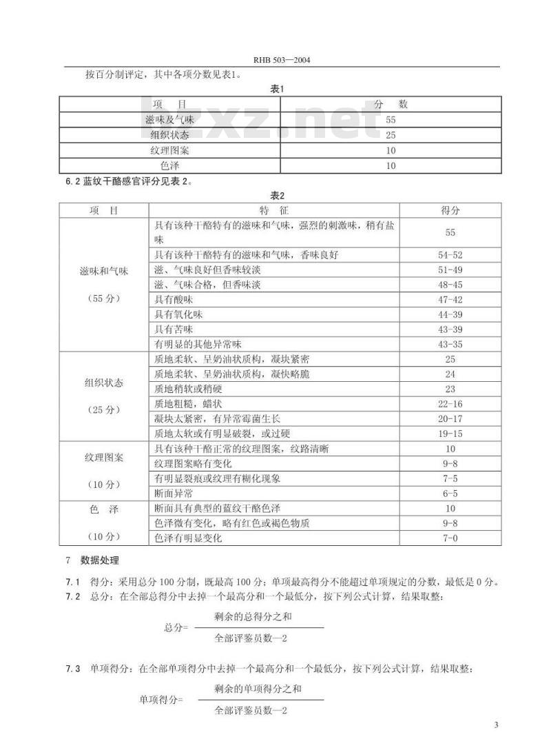 RHB 503-2004 蓝纹干酪感官质量评鉴细则