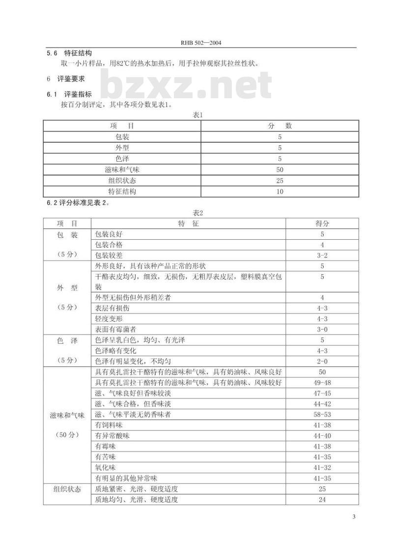 RHB 502-2004 莫扎雷拉干酪感官质量评鉴细则