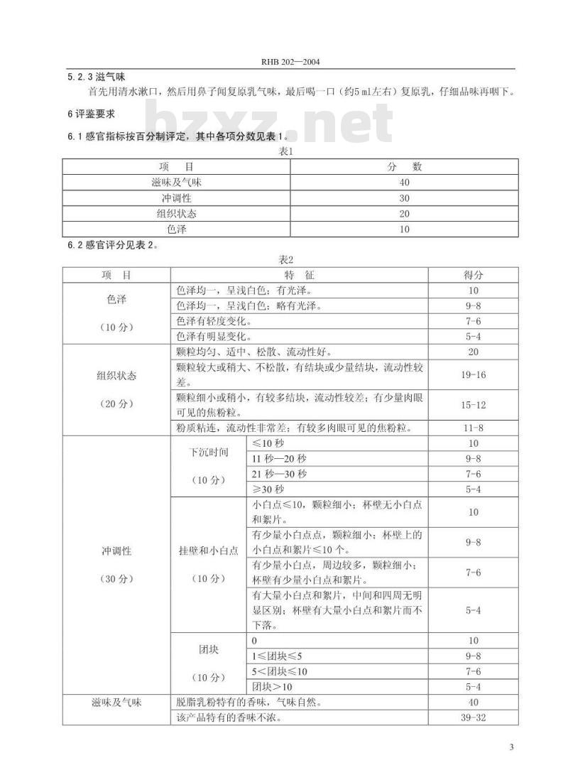 RHB 202-2004 脱脂乳粉感官评鉴细则