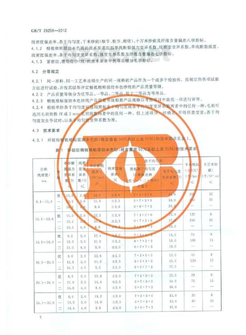 GB/T 29258-2012 精梳棉粘混纺本色纱线