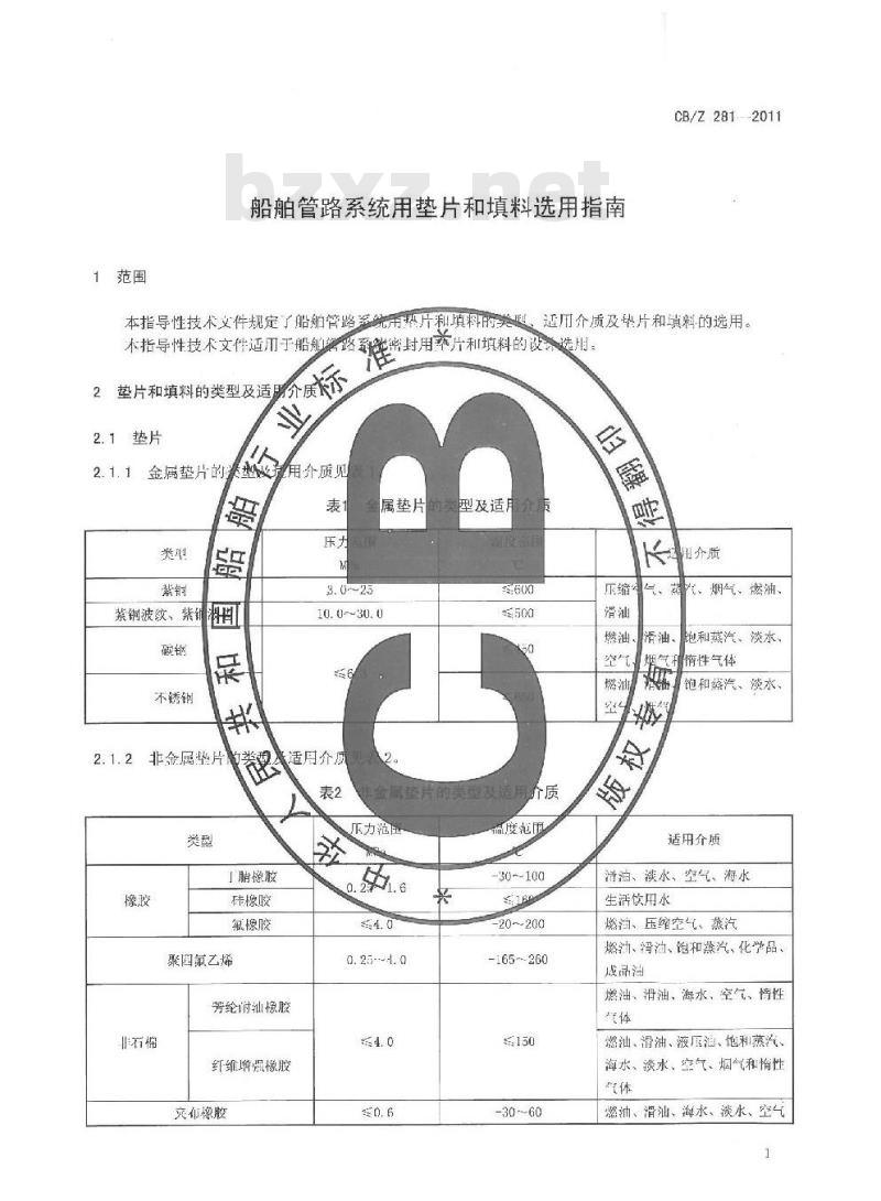 CB/Z 281-2011 船舶管路系统用垫片和填料选用指南