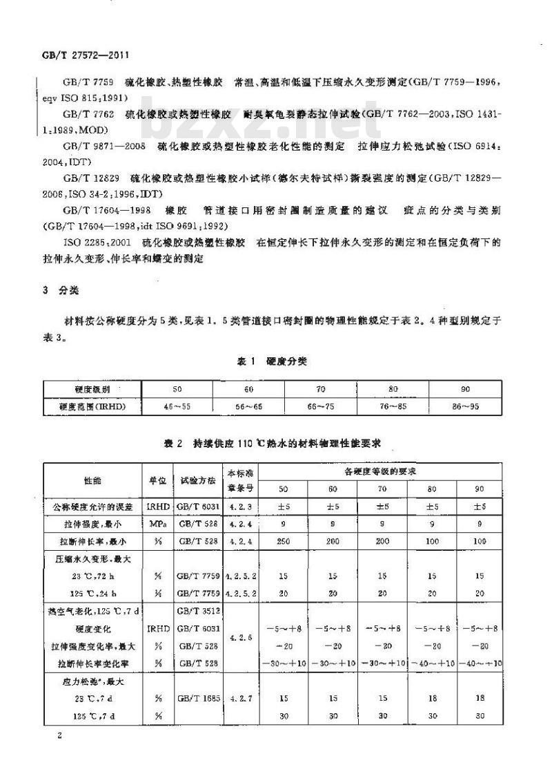 GB/T 27572-2011 橡胶密封件 110℃热水供应管道的管接口密封圈 材料规范