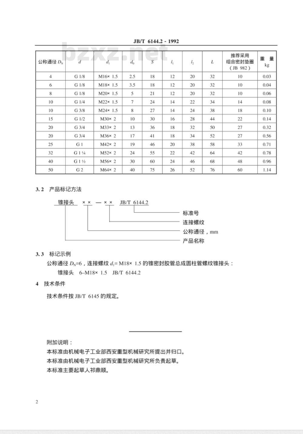 JB/T 6144.2-1992 锥密封胶管总成 圆柱管螺纹锥接头