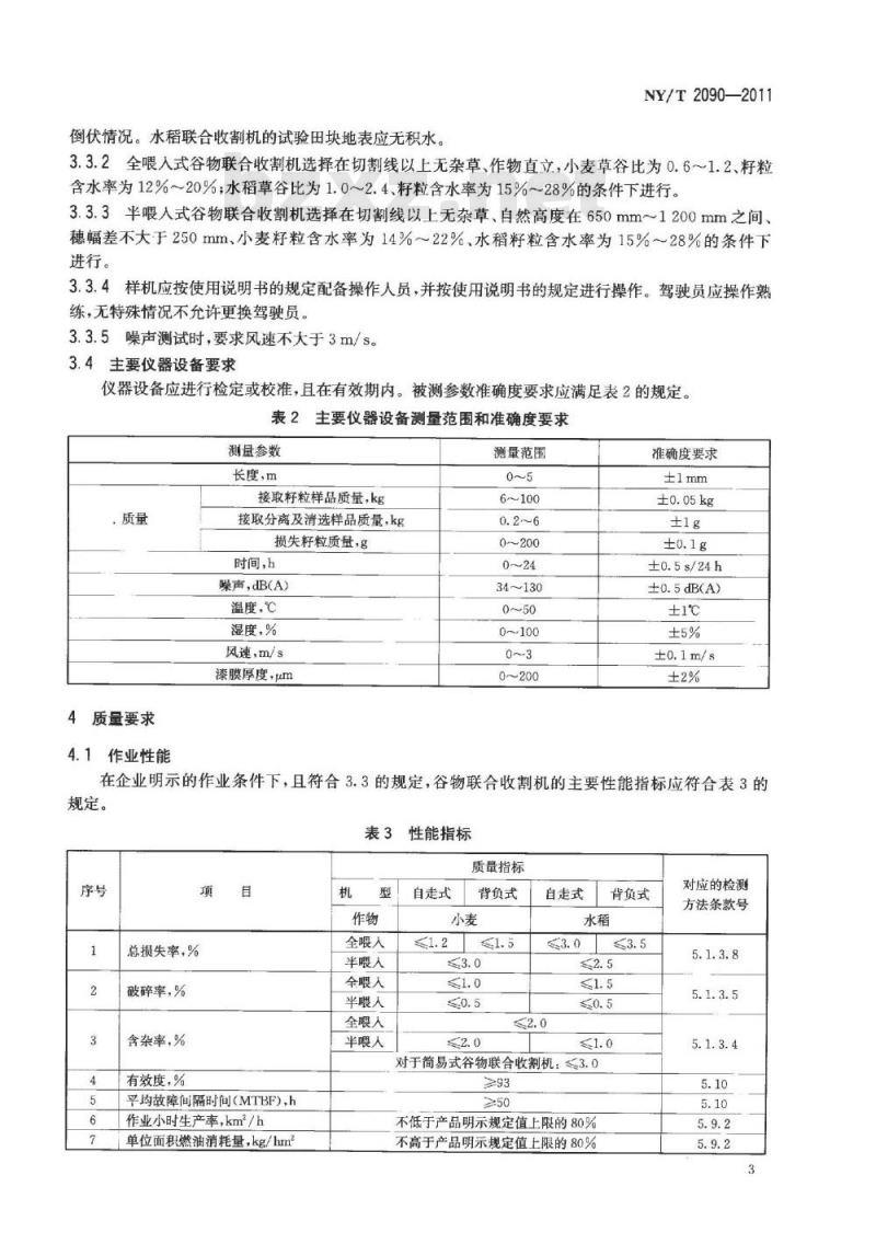NY/T 2090-2011 谷物联合收割机 质量评价技术规范