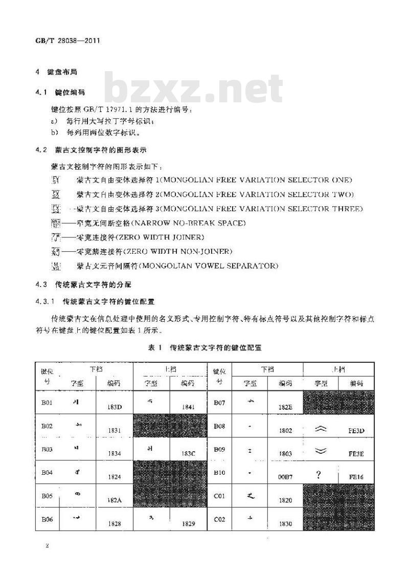 GB/T 28038-2011 信息技术 通用多八位编码字符集 蒙古文 通用键盘字母数字区布局
