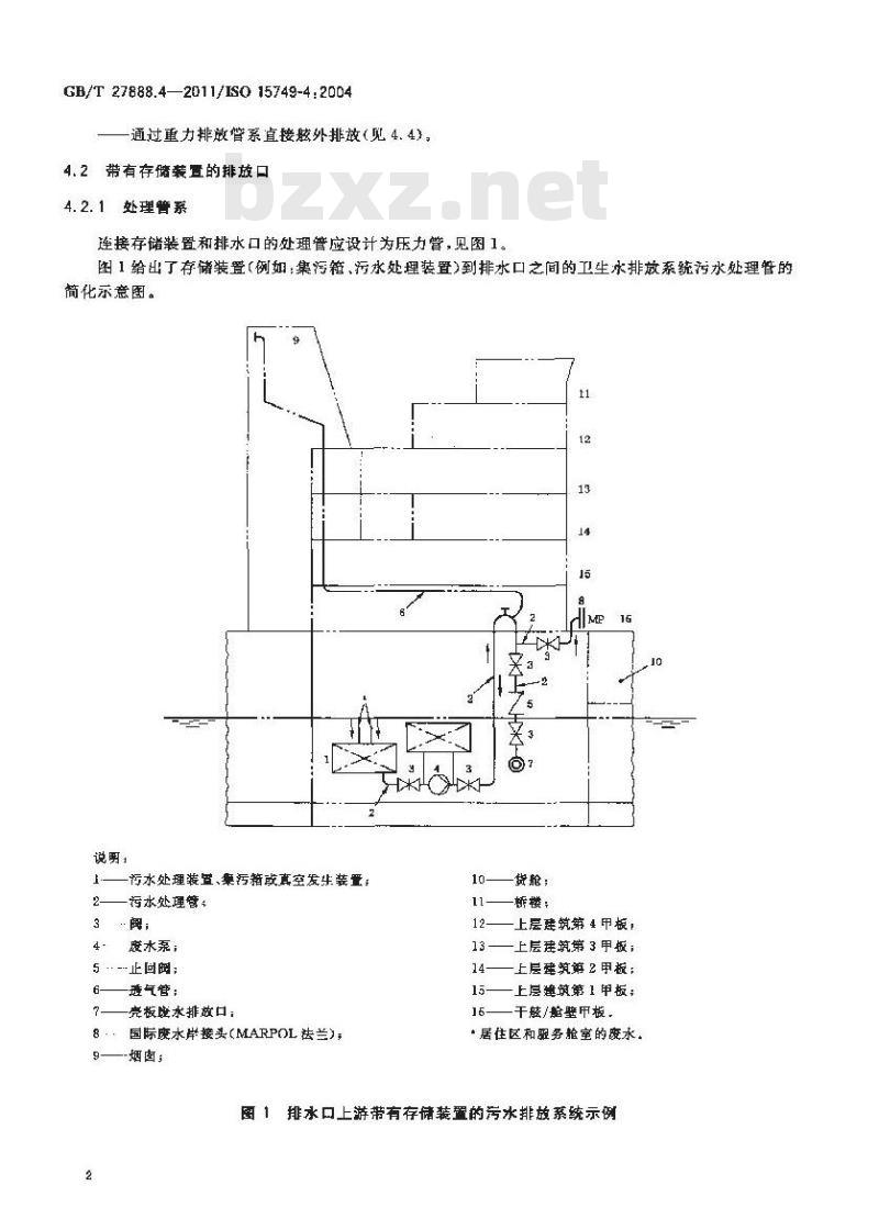 GB/T 27888.4-2011 船舶与海上技术.船舶与海上结构物的排水系统.第4部分:卫生水排放和污水处理管