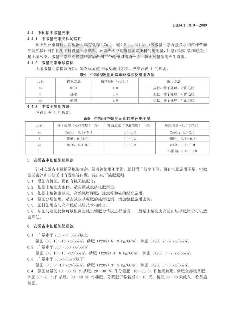 DB34/T 1019-2009 中籼稻施肥技术规程
