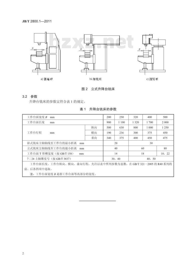 JB/T 2800.1-2011 升降台铣床 第1部分:型式与参数