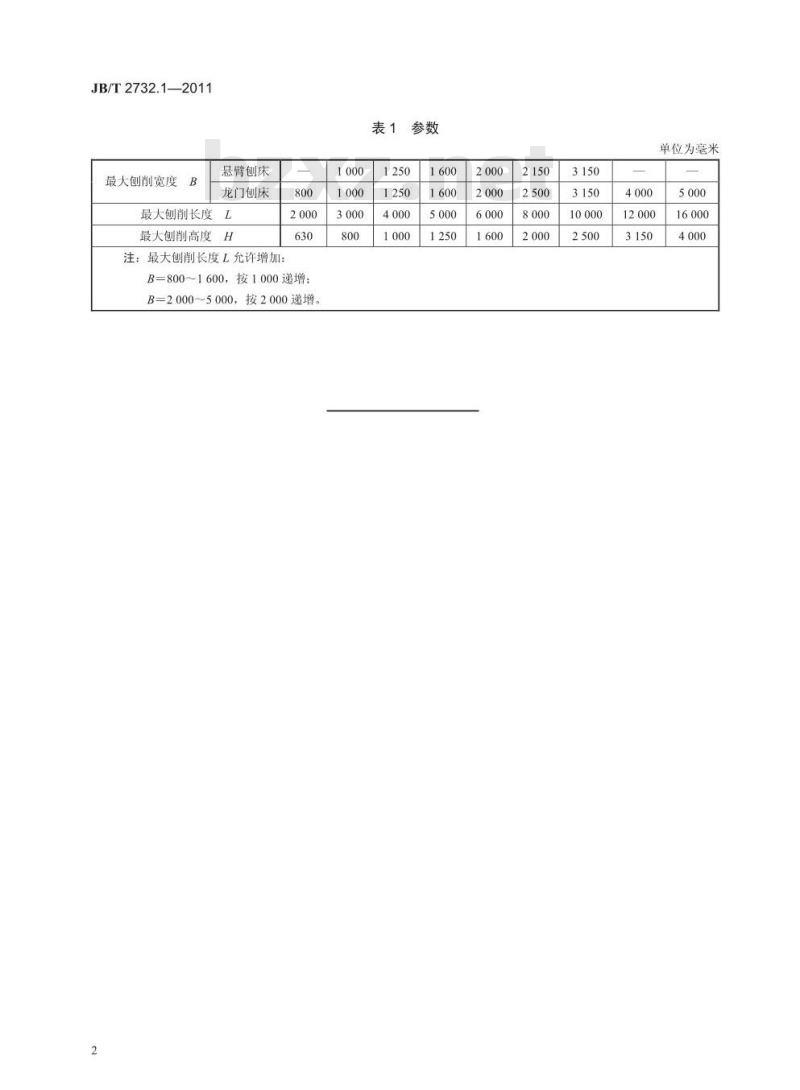 JB/T 2732.1-2011 悬臂刨床龙门刨床 第1部分:型式与参数