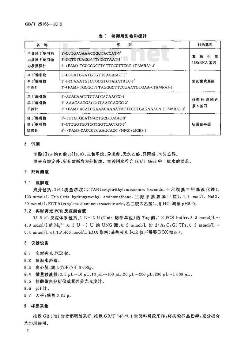 GB/T 25165-2010 明胶中牛、羊、猪源性成分的定性检测方法 实时荧光PCR法