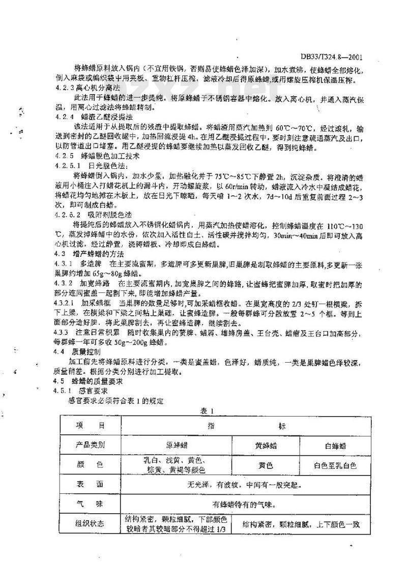 DB 33/T 324.8-2001 浙江蜜蜂 第8部分:蜂蜡生产与质量
