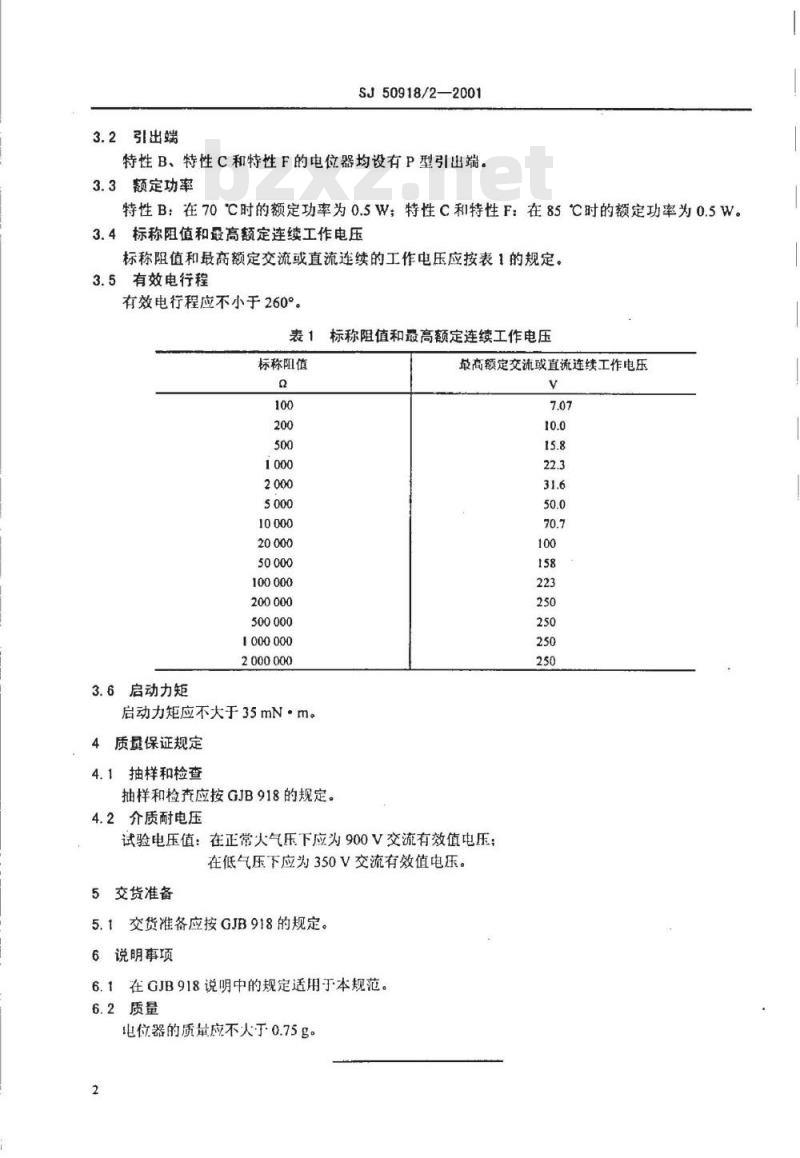 SJ 50918.2-2001 WJ55型旋转非线绕预调电位器详细规范