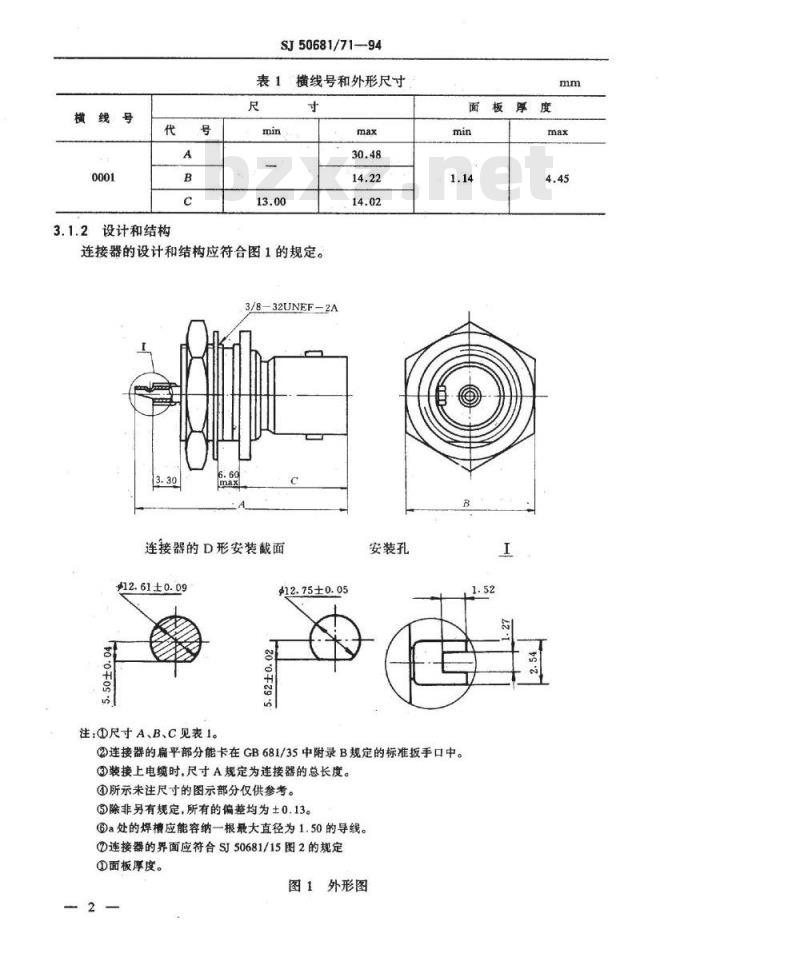 SJ 50681.71-1994 BNC系列(带焊槽)插孔接触件锁紧螺母安装2级射频同轴插座连接器详细规范