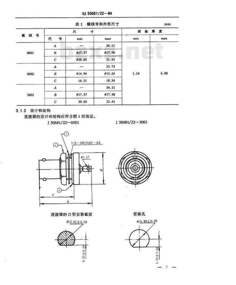 SJ 50681.22-1994 BNC系列(不接电缆)插孔接触件锁紧螺母安装气密封2级射频同轴插座连接器详细规范