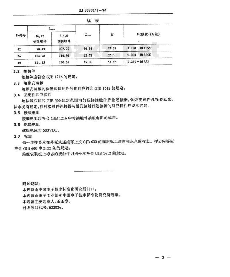 SJ 50600.3-1994 JY3458型90°弯式后松压接接触件螺纹连接圆形自由端电连接器详细规范