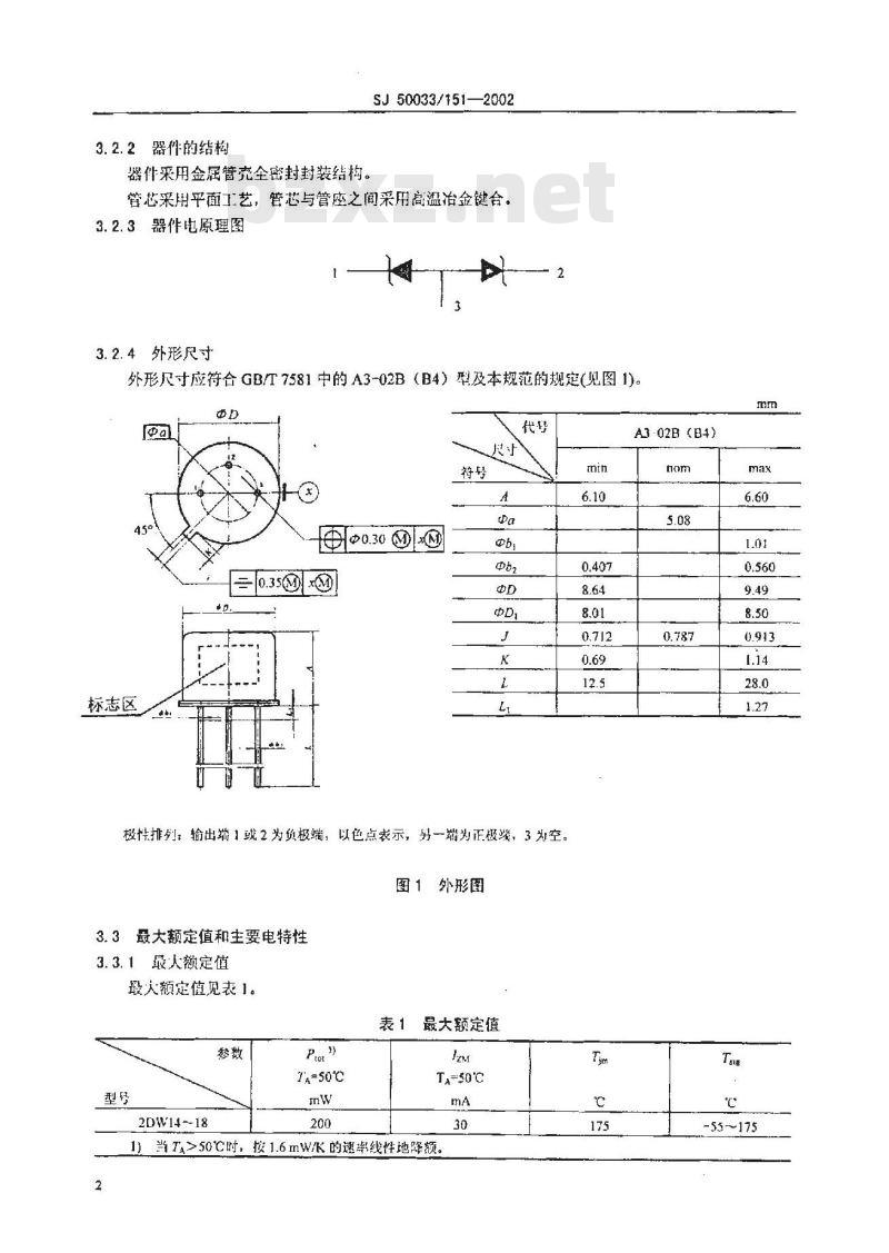 SJ 50033.151-2002 半导体分立器件 2DW14～18型低噪声硅电压基准二极管详细规范