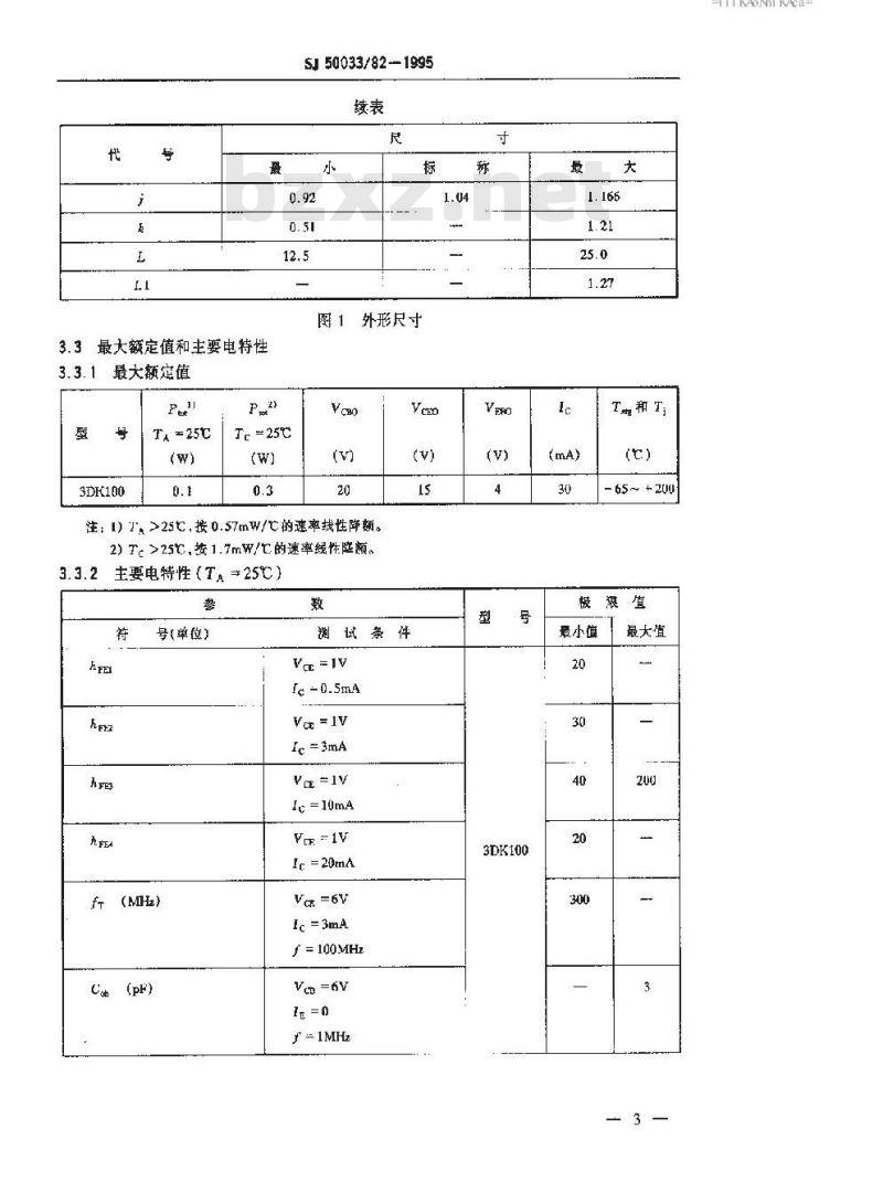 SJ 50033.82-1995 半导体分立器件 3DK100型NPN硅小功率开关晶体管详细规范