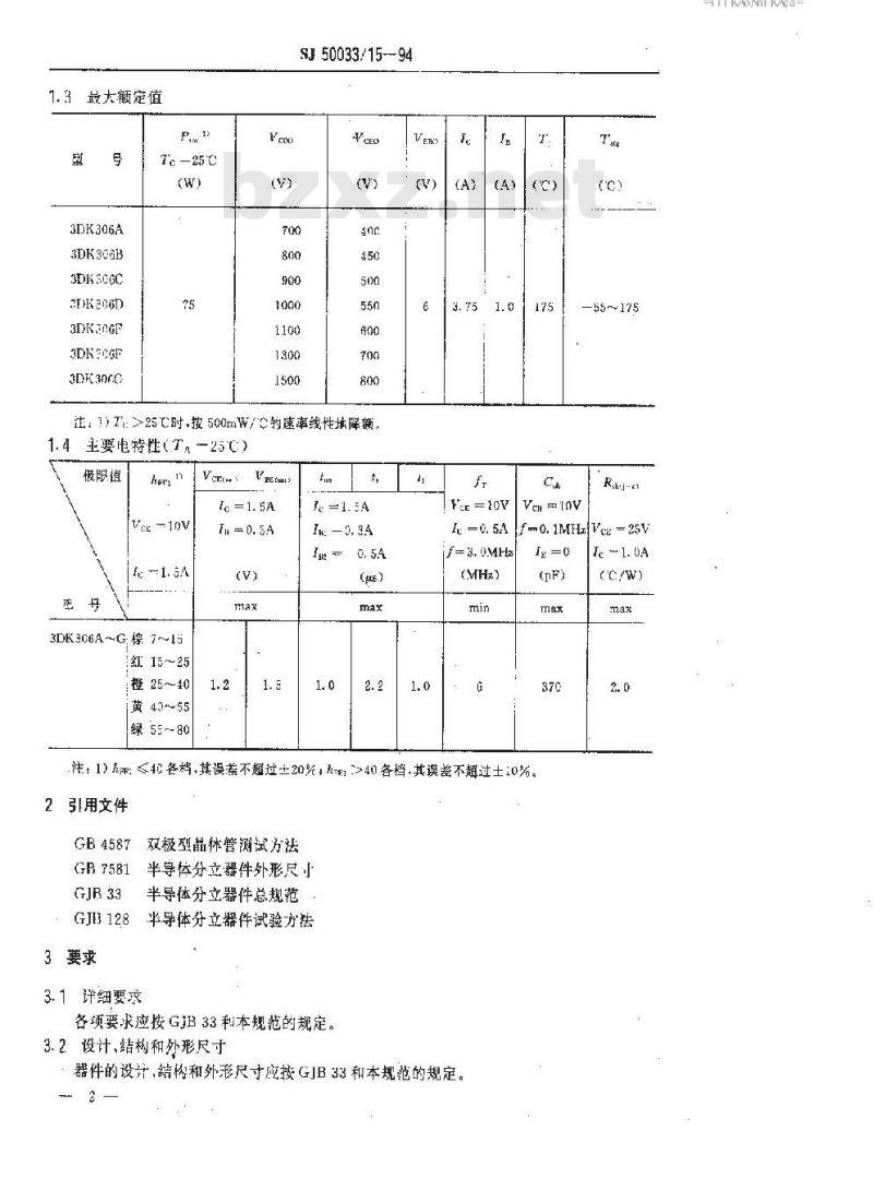 SJ 50033.15-1994 半导体分立器件 3DK306型功率开关晶体管详细规范