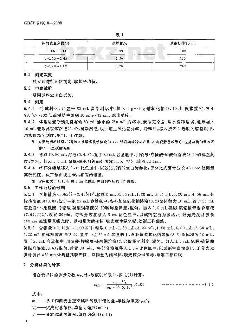 GB/T 6150.8-2009  钨精矿化学分析方法 钼量的测定 硫氰酸盐分光光度法