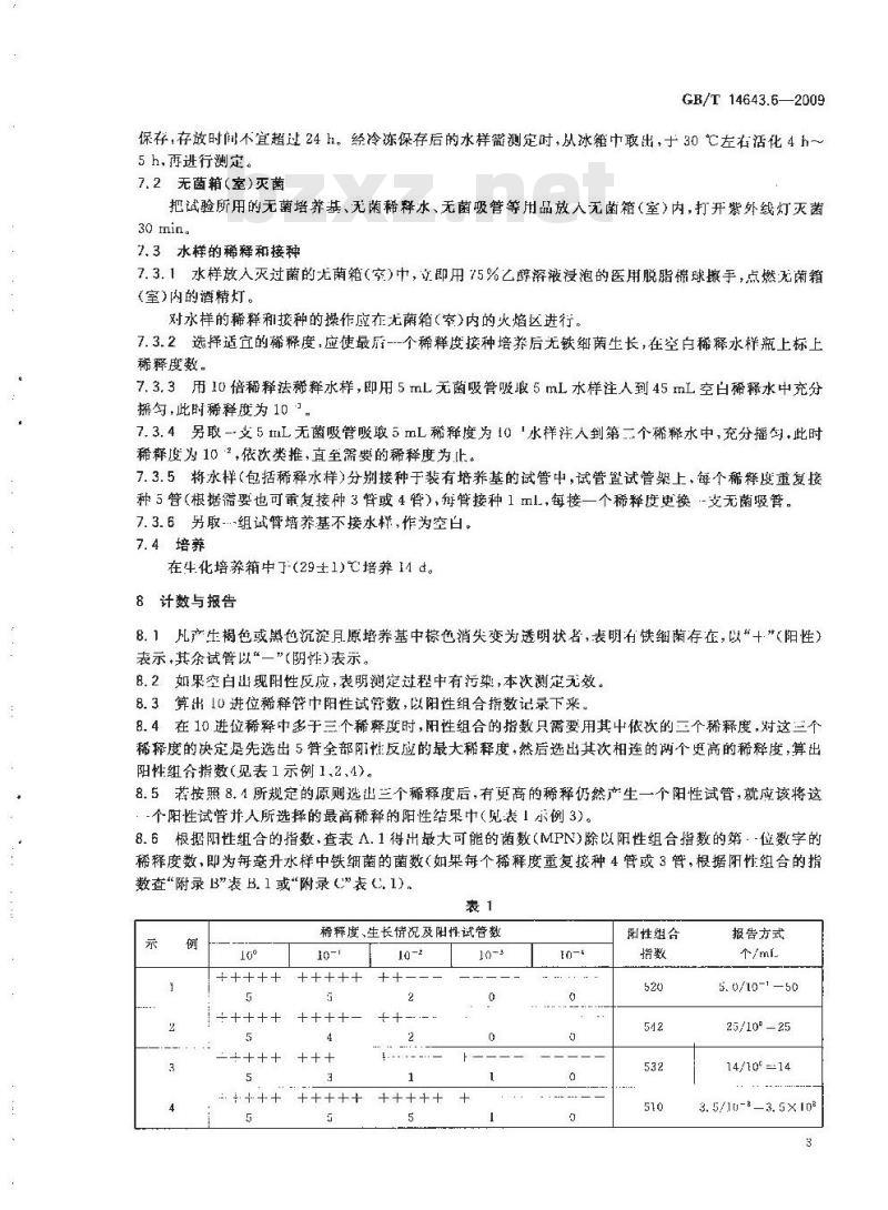 GB/T 14643.6-2009 工业循环冷却水中菌藻的测定方法 第6部分：铁细菌的测定 MPN法