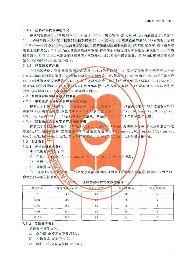 GB/T 22969-2008 奶粉和牛奶中链霉素、双氢链霉素和卡那霉素残留量的测定 液相色谱-串联质谱法