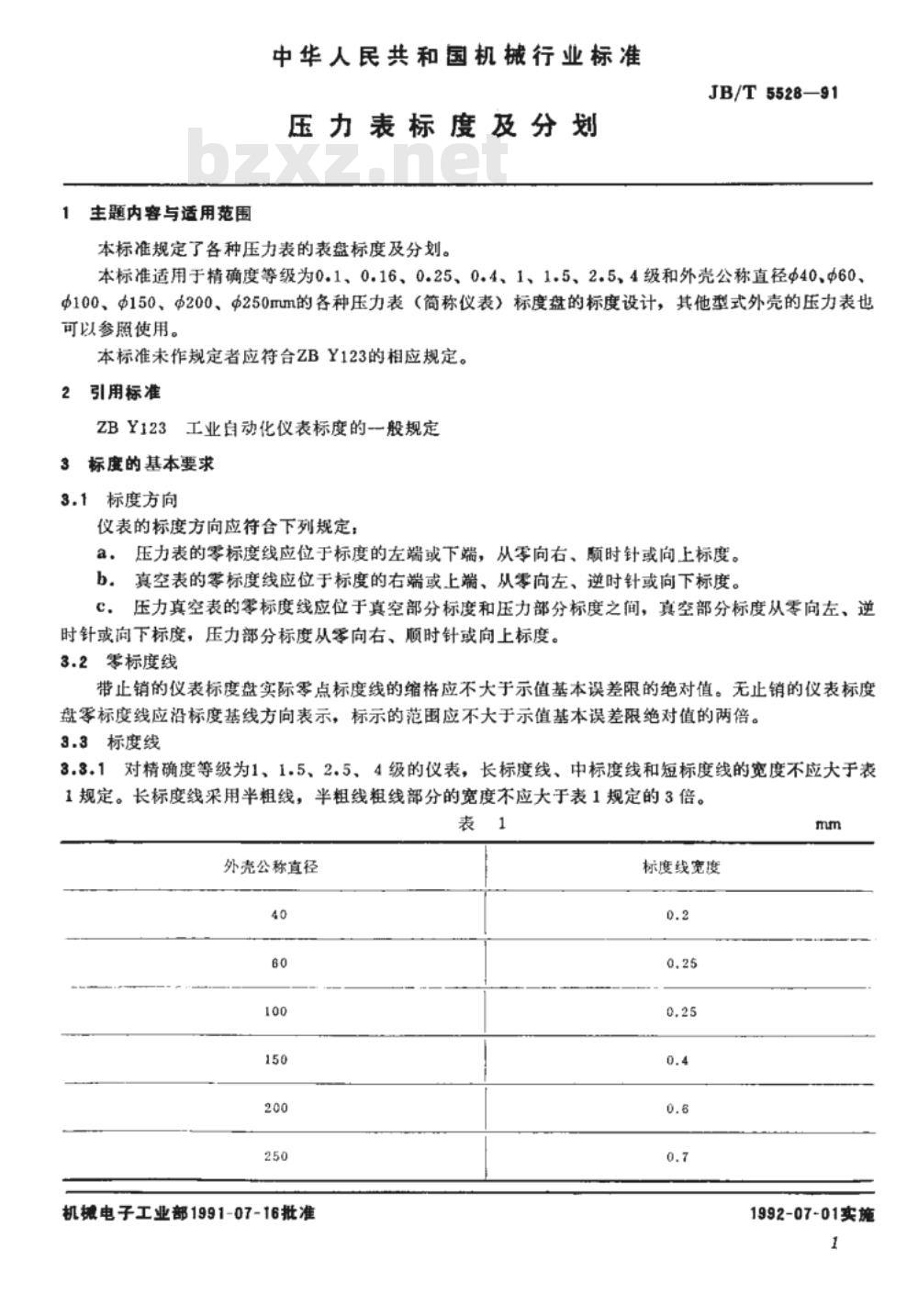 JB/T 5528-1991 压力表 标度及分划