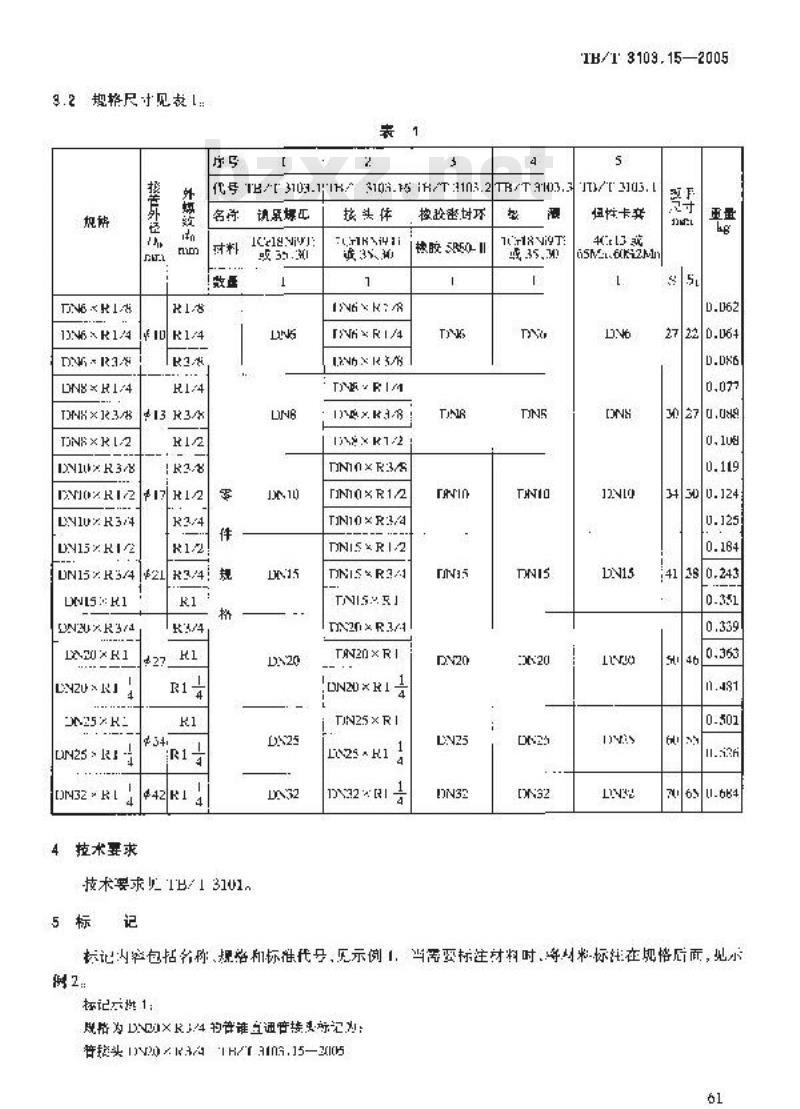 TB/T 3103.15-2005 机车车辆用锥面卡套式管接头 第15部分:管锥直通管接头