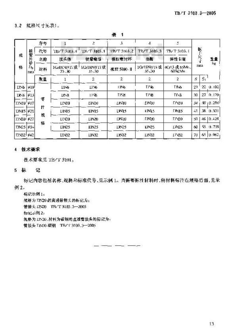 TB/T 3103.3-2005 机车车辆用锥面卡套式管接头 第3部分:直通管接头