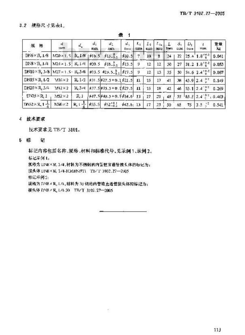 TB/T 3102.27-2005 机车车辆用曲面卡套式管接头 第27部分:内管锥直通管接头体