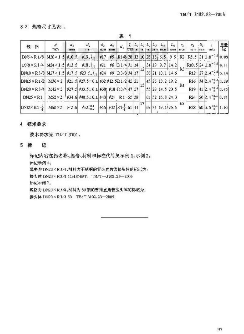 TB/T 3102.23-2005 机车车辆用曲面卡套式管接头 第23部分:管锥直角管接头体
