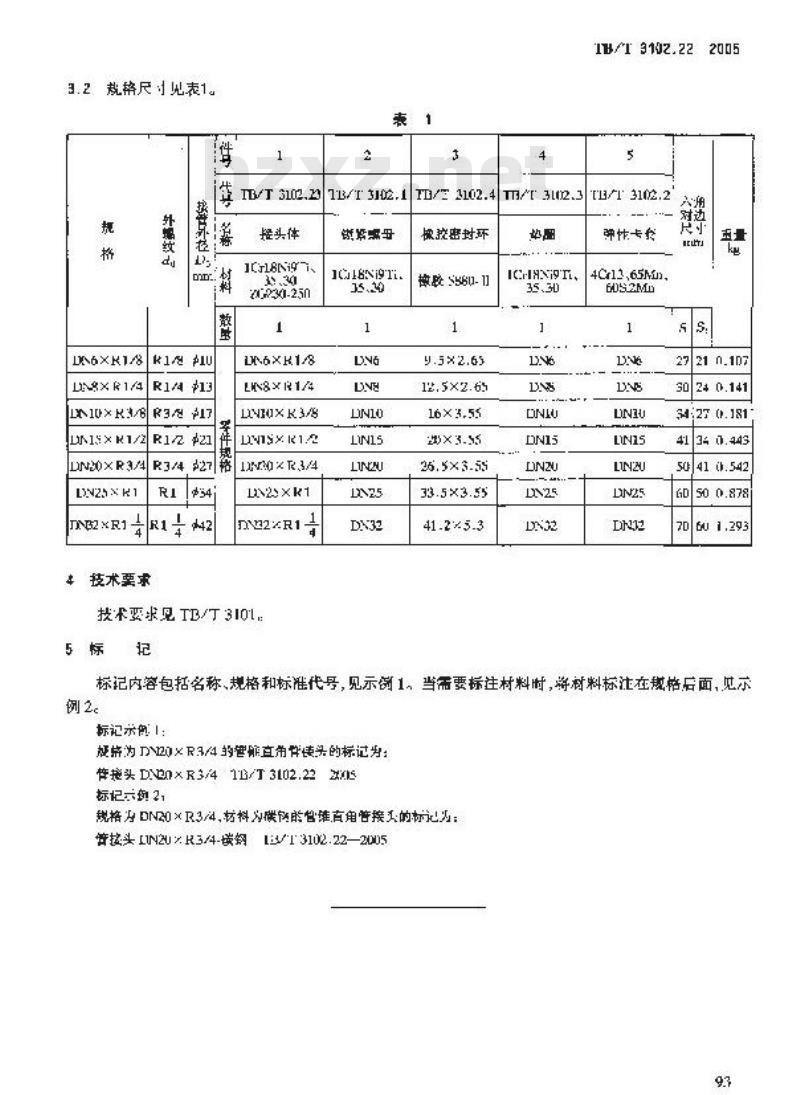 TB/T 3102.22-2005 机车车辆用曲面卡套式管接头 第22部分:管锥直角管接头