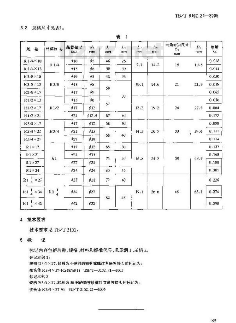 TB/T 3102.21-2005 机车车辆用曲面卡套式管接头 第21部分:插管锥螺纹直通管接头