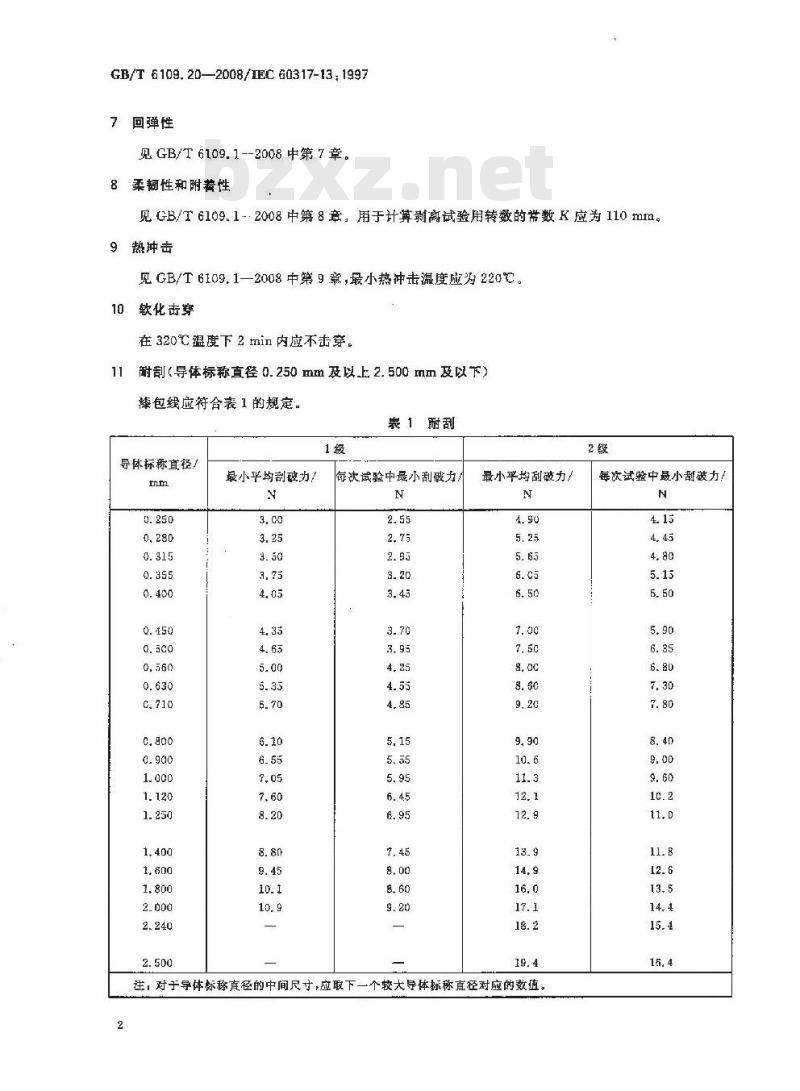 GB/T 6109.20-2008 漆包圆绕组线 第20部分:200级聚酰胺酰亚胺复合聚酯或聚酯亚胺漆包铜圆线