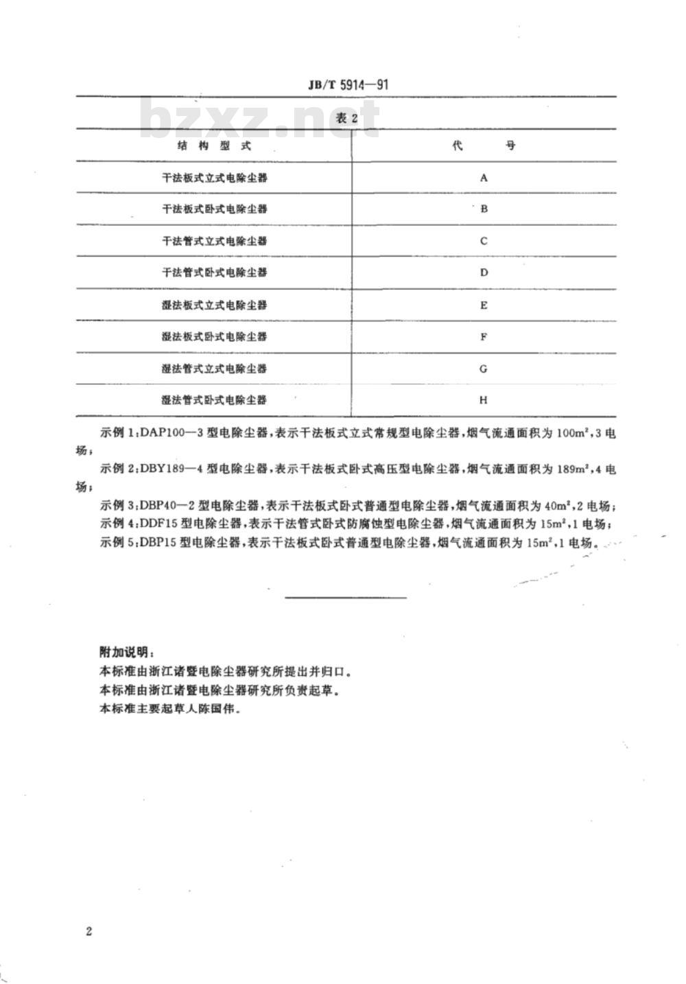 JB/T 5914-1991 电除尘器 产品型号编制方法