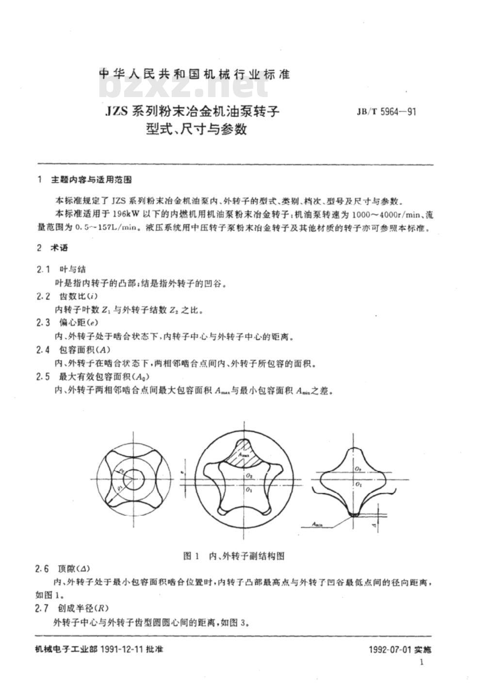 JB/T 5964-1991 JZS系列粉末冶金机油泵转子 型式、尺寸与参数