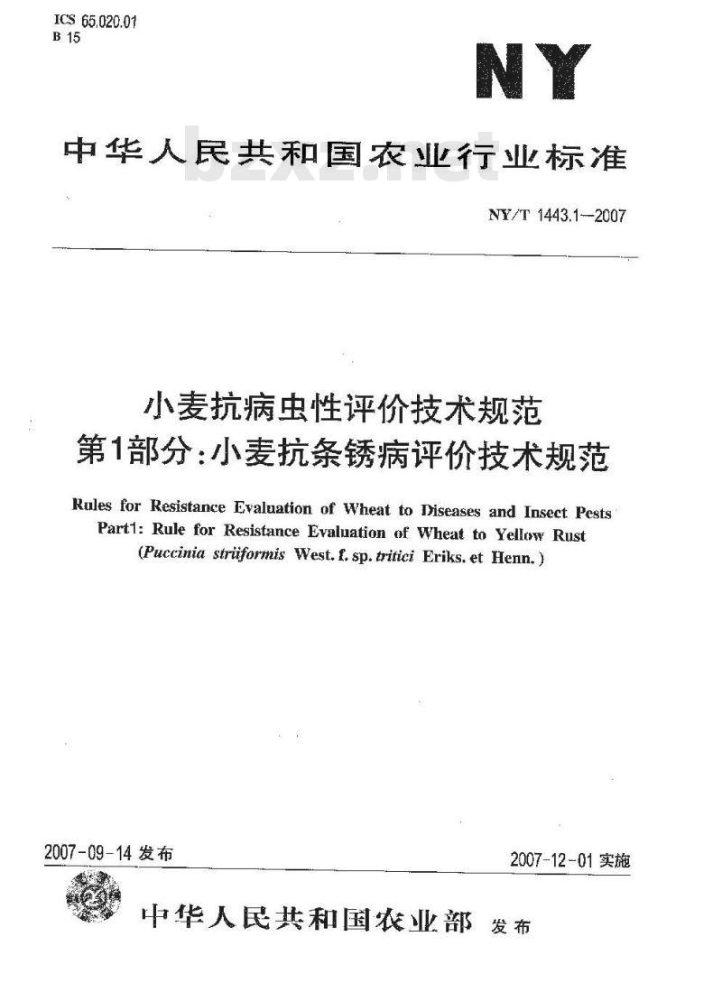 NY/T 1443.1-2007 小麦抗病虫性评价技术规范 第1部分:小麦抗条锈病评价技术规范