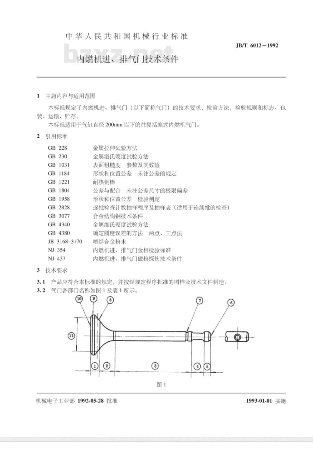 JB/T 6012-1992 内燃机进、排气门 技术条件