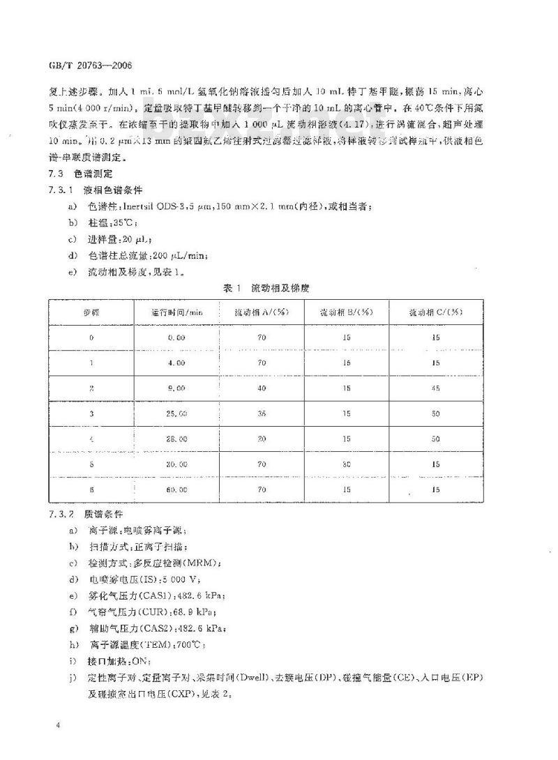 GB/T 20763-2006 猪肾和肌肉组织中乙酰丙嗪、氯丙嗪、氟哌啶醇、丙酰二甲氨基丙吩噻嗪、甲苯噻嗪、阿扎哌垄阿扎哌醇、咔唑心安残留量的测定 液相色谱-串联质谱法