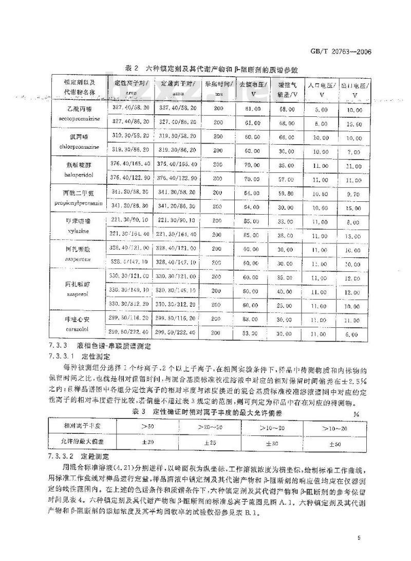 GB/T 20763-2006 猪肾和肌肉组织中乙酰丙嗪、氯丙嗪、氟哌啶醇、丙酰二甲氨基丙吩噻嗪、甲苯噻嗪、阿扎哌垄阿扎哌醇、咔唑心安残留量的测定 液相色谱-串联质谱法