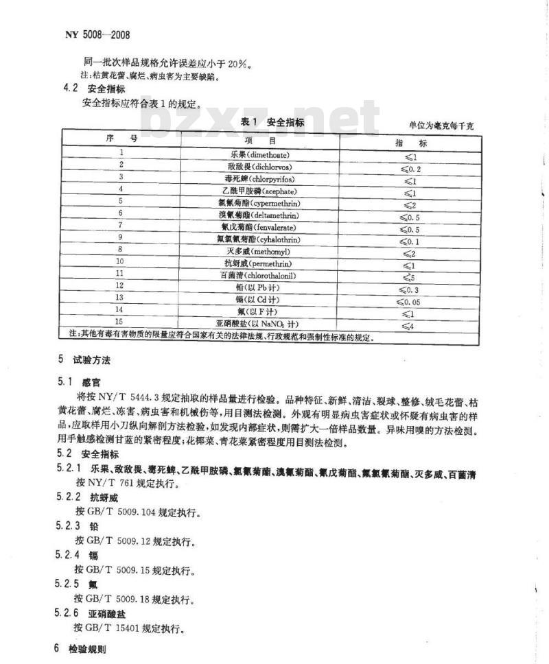 NY 5008-2008 无公害食品 甘蓝类蔬菜