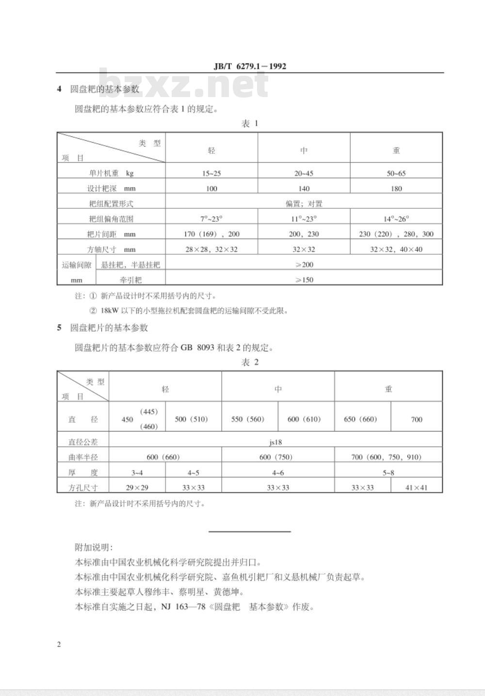 JB/T 6279.1-1992 圆盘耙 基本参数