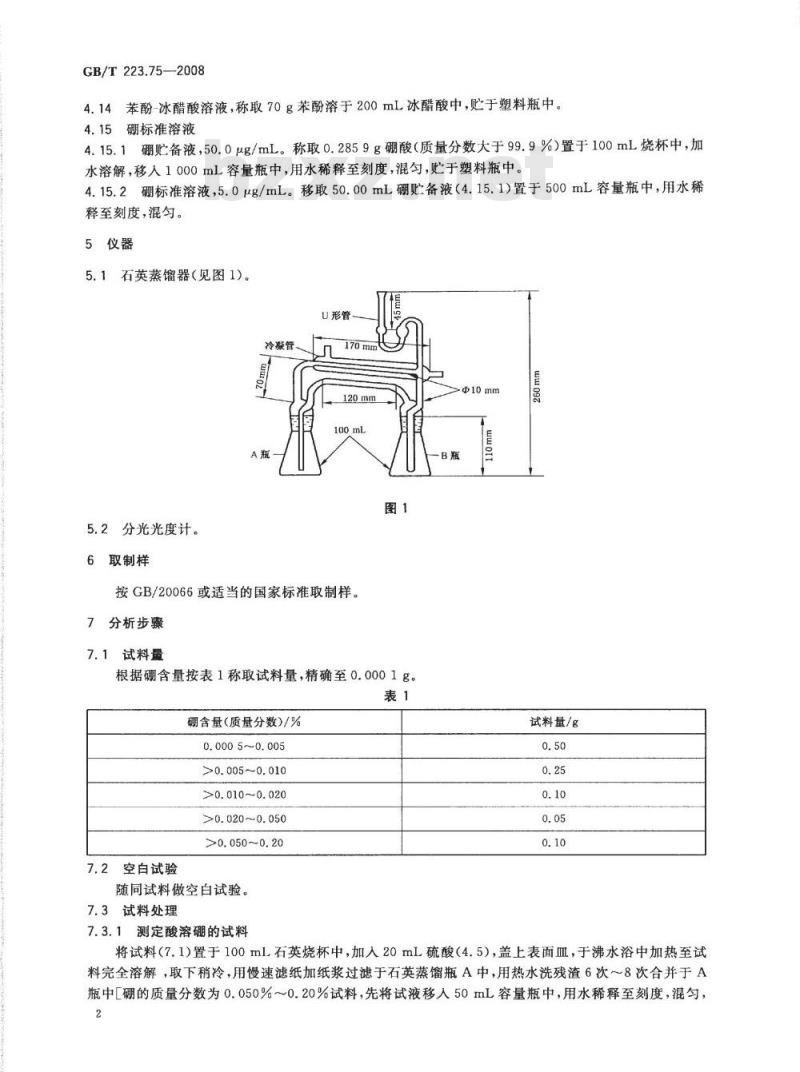 GB/T 223.75-2008 钢铁及合金 硼含量的测定 甲醇蒸馏-姜黄素光度法