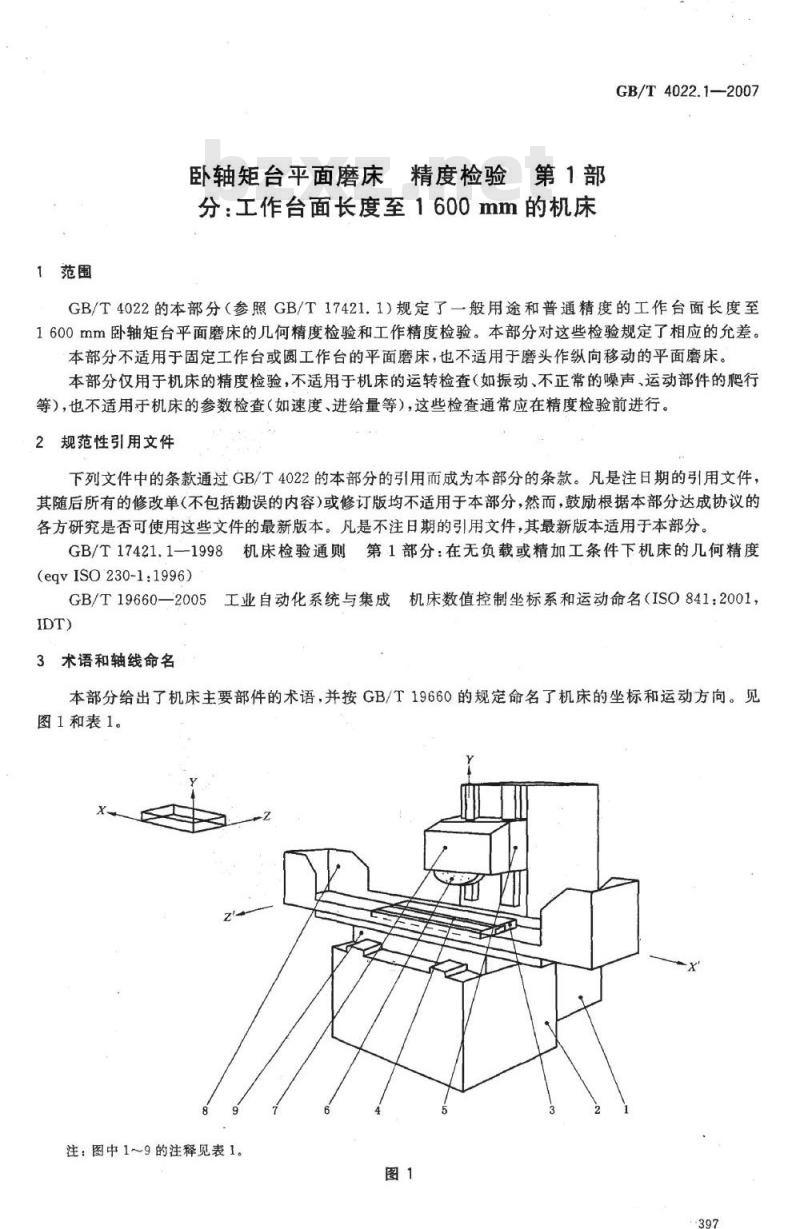 GB/T 4022.1-2007 卧轴矩台平面磨床精度检验第1部分:工作台面长度至1 600 mm的机床