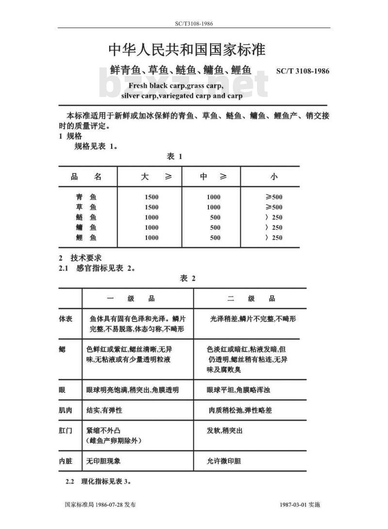 SC/T 3108-1986 鲜青鱼、草鱼、鲢鱼、鳙鱼、鲤鱼