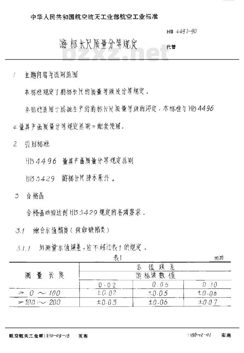 HB 4497-1990 游标卡尺质量分等规定