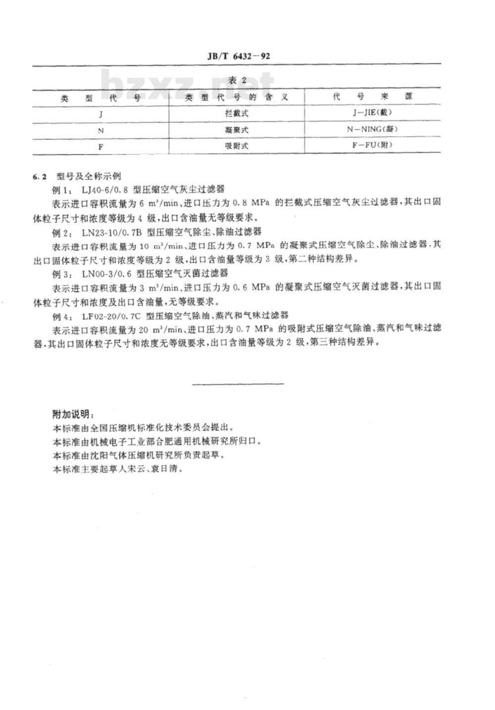 JB/T 6432-1992 压缩空气净化设备 型号编制方法
