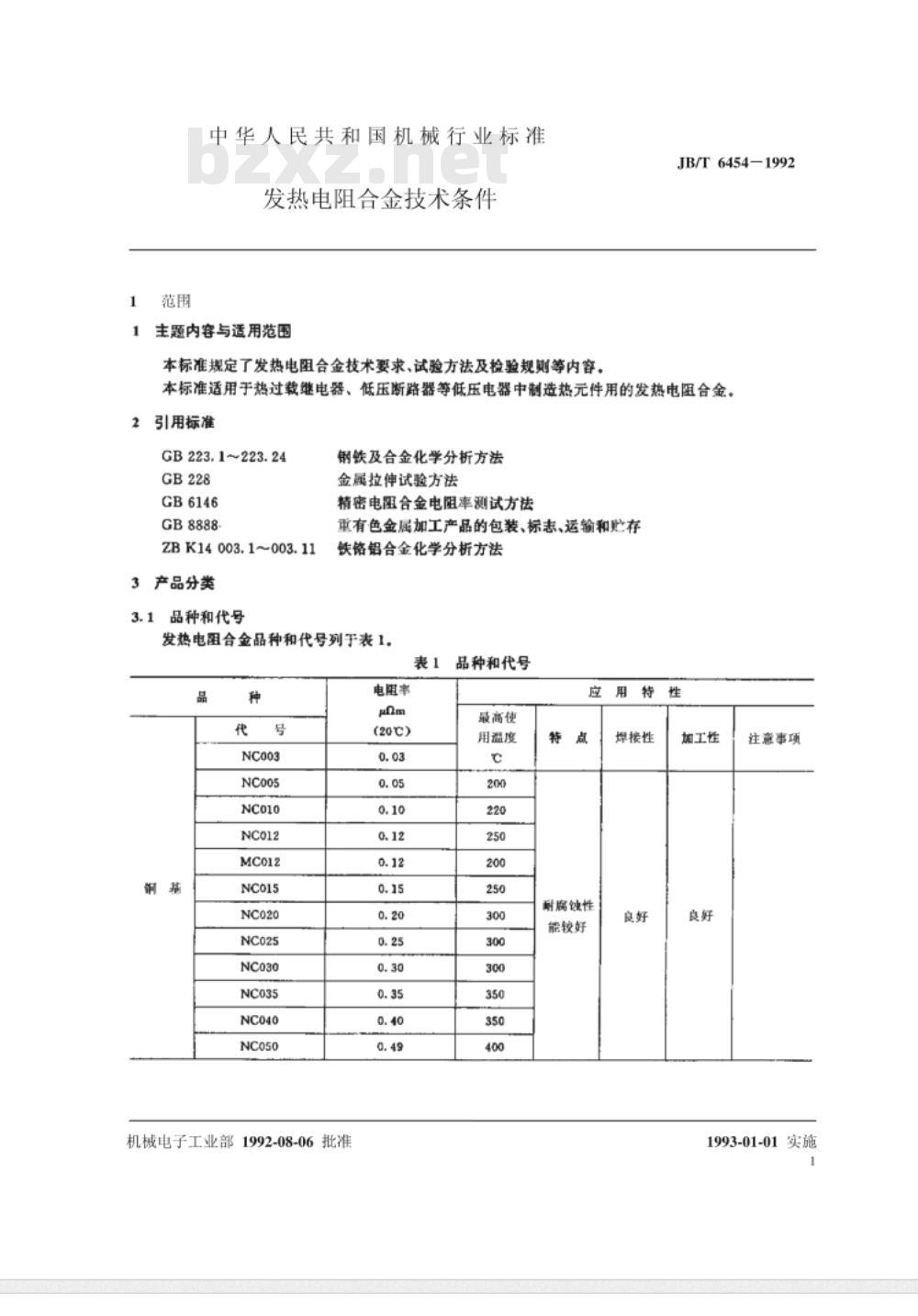 JB/T 6454-1992 发热电阻合金 技术条件