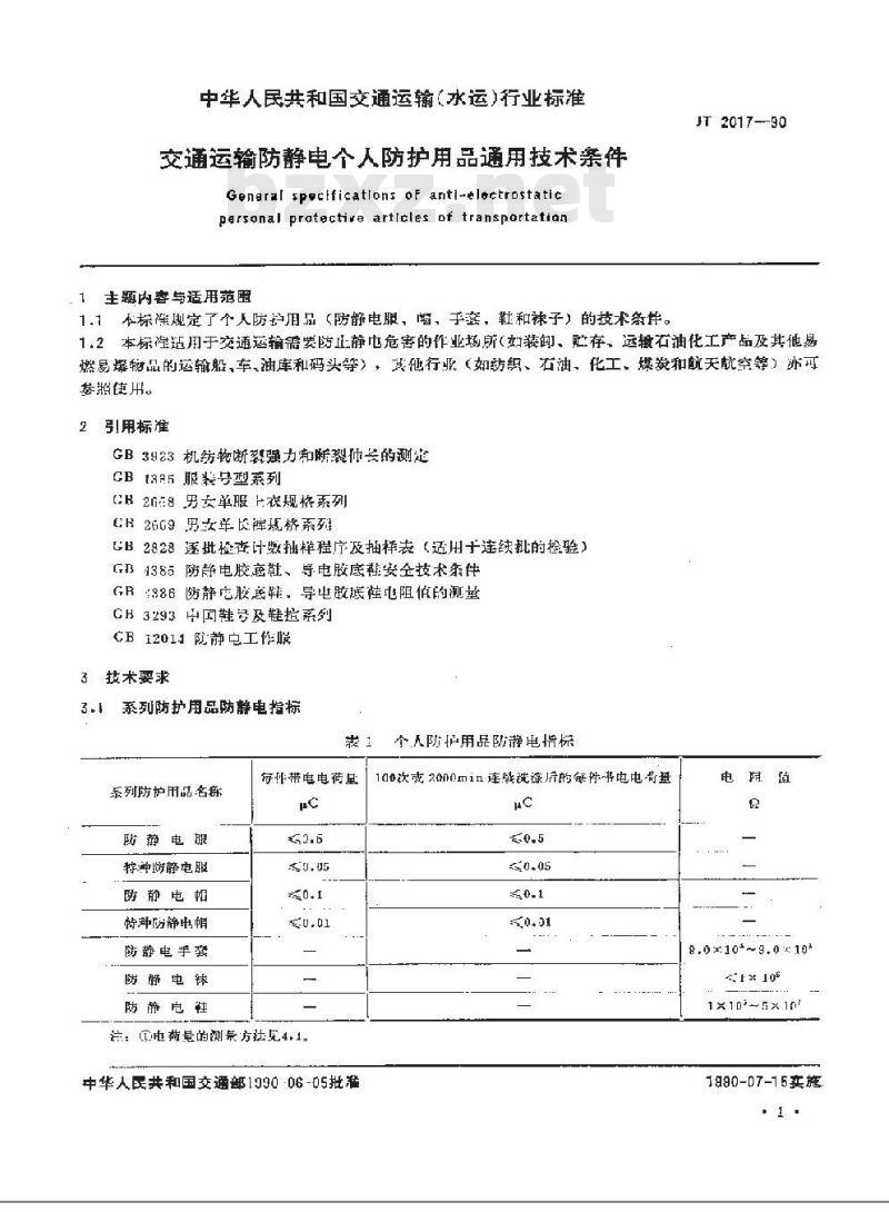 JT 2017-1990 交通运输防静电个人防护用品通用技术条件
